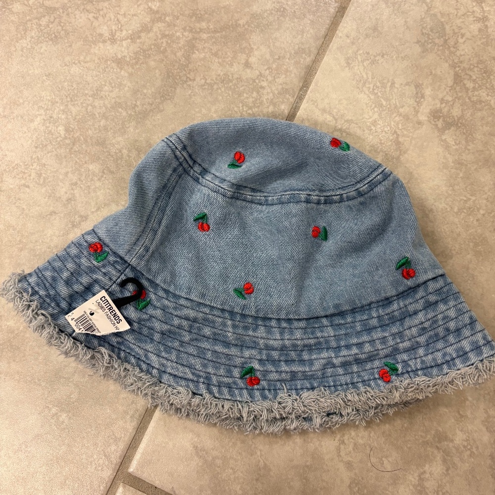 NWT! Denim 100% Cotton Embroidered Cherry Bucket Hat Frayed Brim Adjustable Size